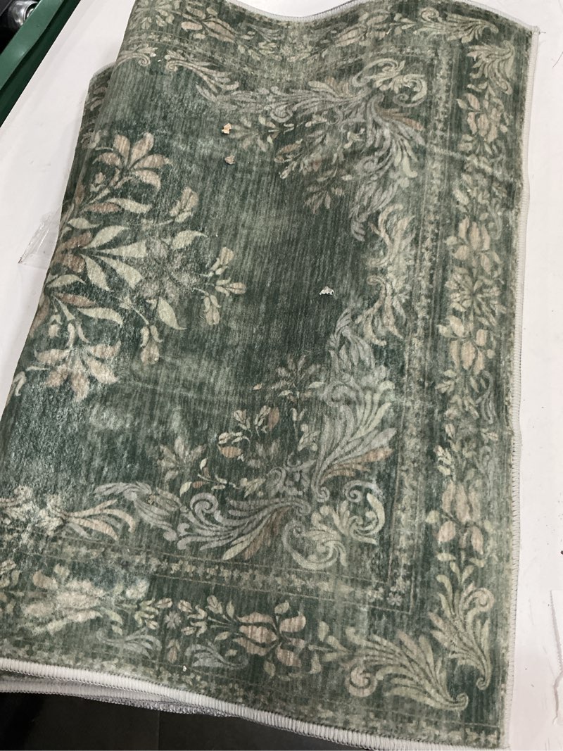 Condition photo showing As Is for jinchan hallway runner rug 2x10 vintage floral distressed design - machine washable non-slip low-pile soft thin faux wool kitchen carpet for farmhouse bedroom laundry room(2x10ft,dark green) 2x10-buttery soft floral dark green