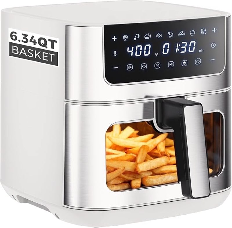 OLIXIS 6.34QT Air Fryer with Window, 8 Food Presets with 400°F Max Heat, 90-Min Timer, Nonstick Dish