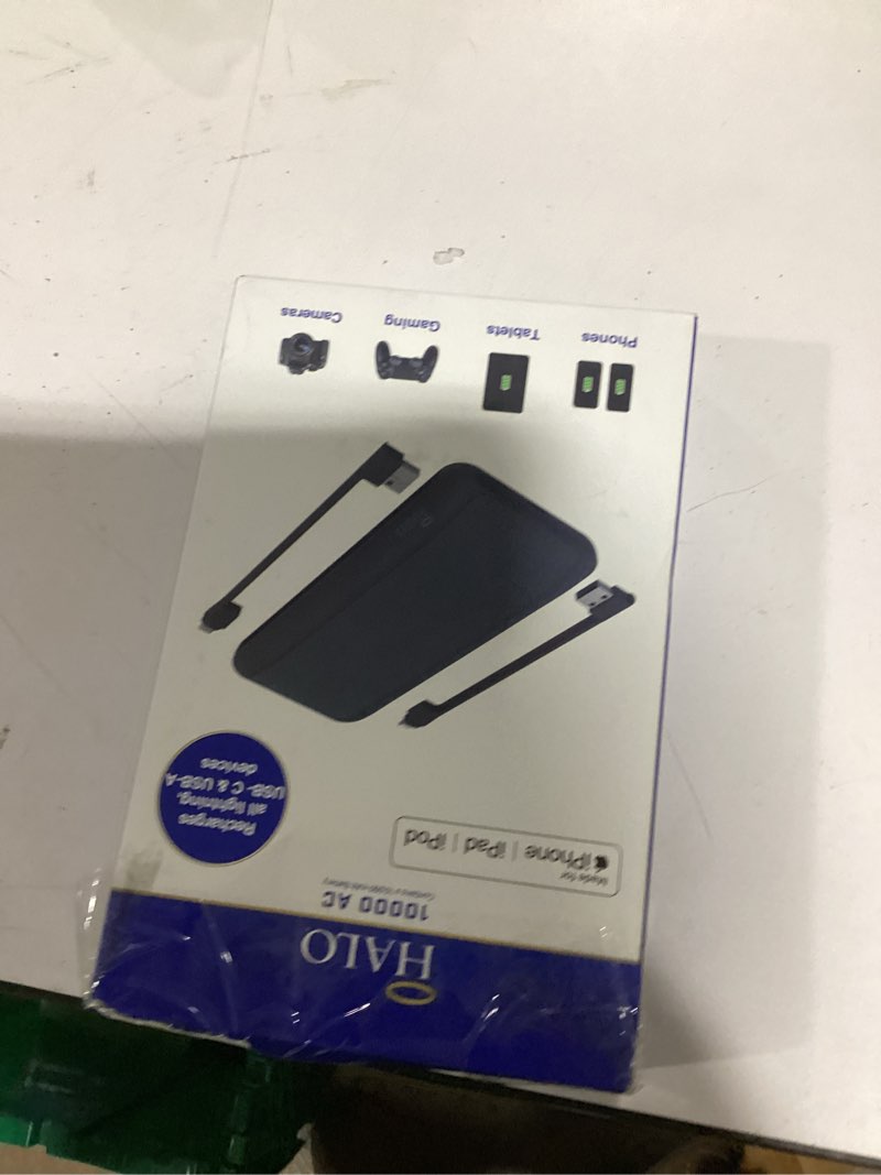 Condition photo showing As Is for halo 10000 ac - contains a 10,000mah internal battery with built-in ac wall plug & charging cables - black