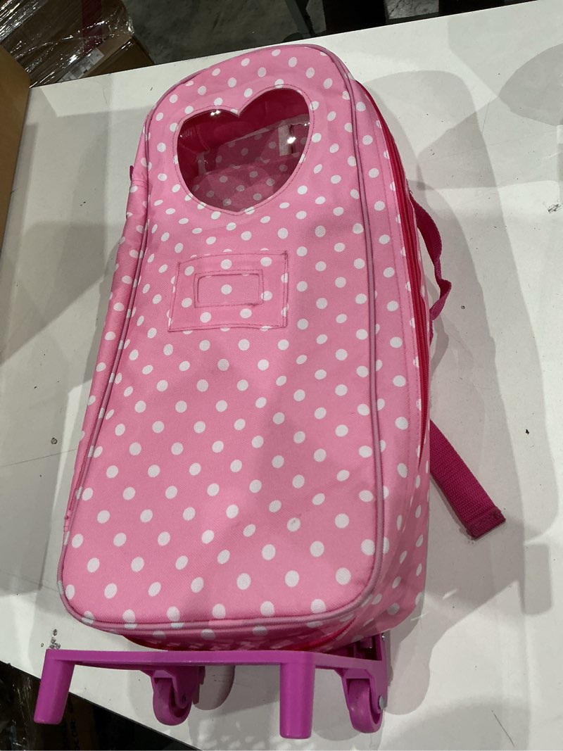 Condition photo showing Good Condition for badger basket toy 3-in-1 doll trolley travel carrier with rocking bed and bedding for 18 inch dolls - pink/polka dot