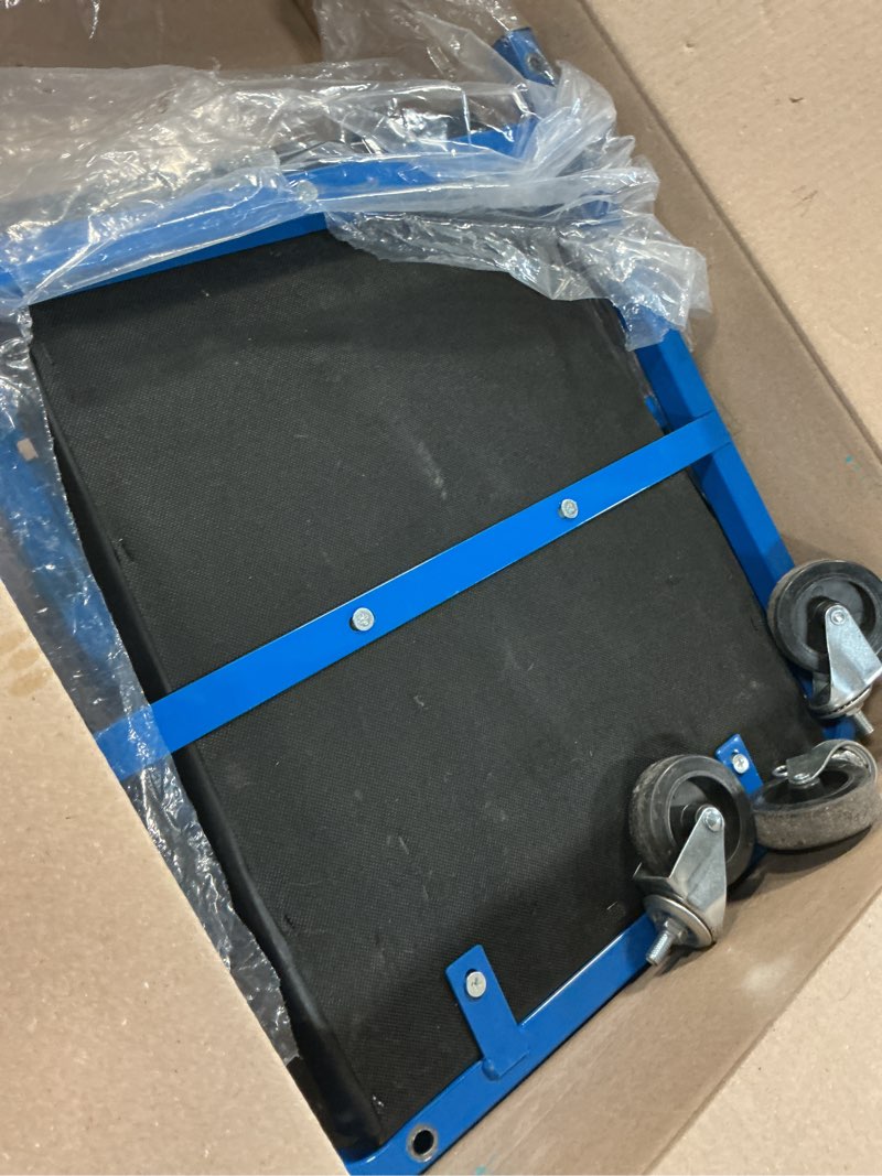 Condition photo showing As Is for mechanic creeper 36 inches 3-in-1 mode z seat 340lbs capacity, foldable garage adjustable rolling folding with 6pcs wheels roller, lay down sit lean back, under car auto repair, blue, man gift