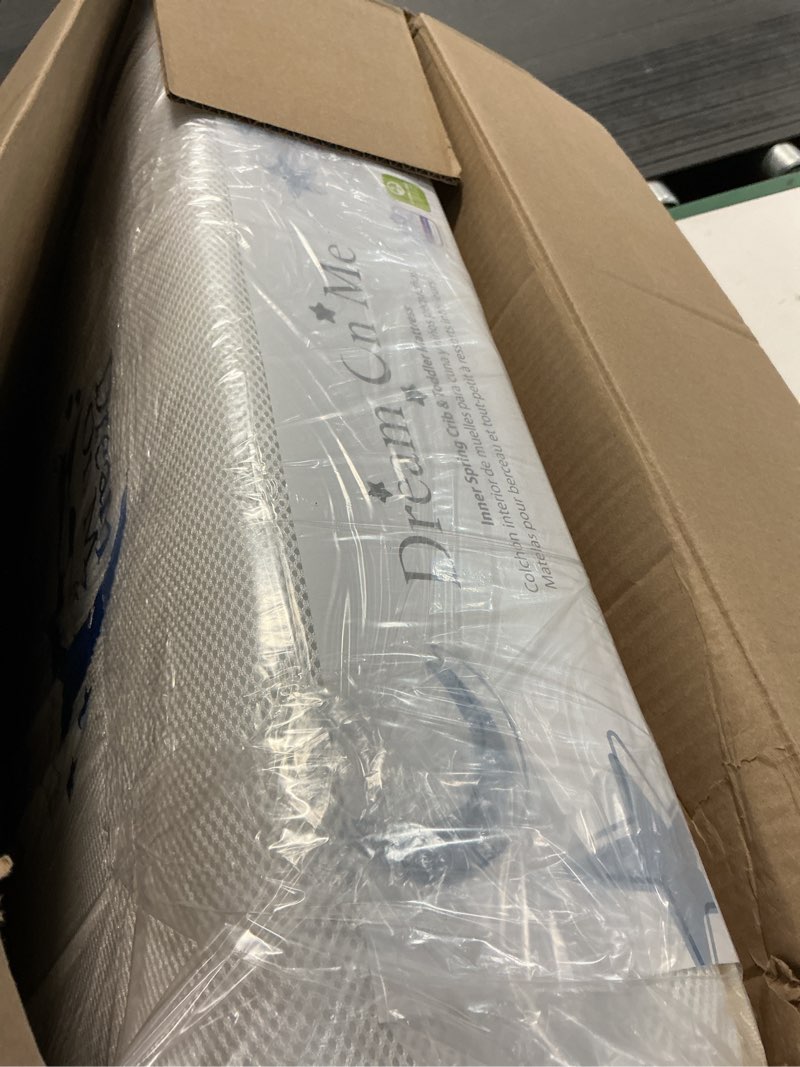 Condition photo showing New/Like New for dream on me twilight 5” 2-in-1 breathable spring coil crib & toddler mattress – firm infant side & plush toddler side, reversible design, waterproof vinyl cover, greenguard gold & jpma certified