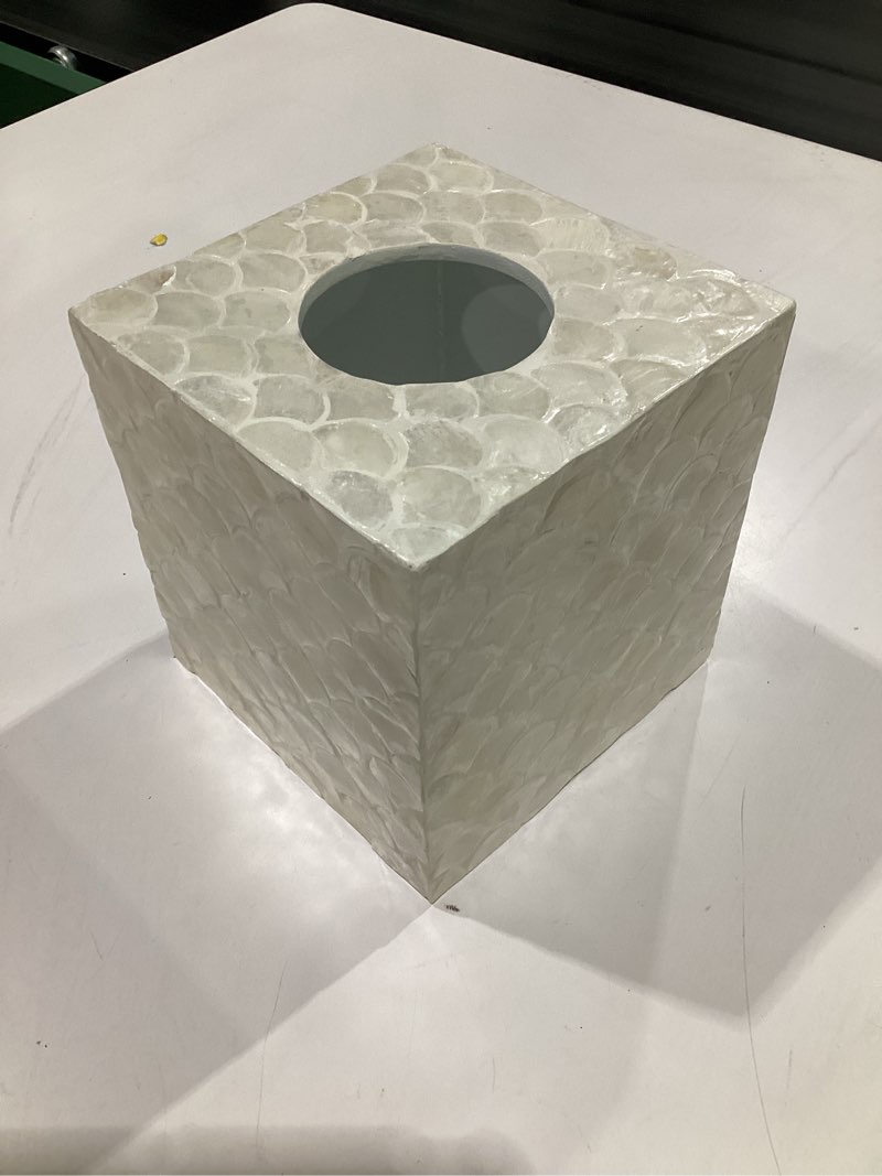 Condition photo showing Good Condition for 5.8” Capiz Tissue Box Cover, Square Decorative Tissue Holder with Bottom Slider, Handmade Bathroom Accessories, Elegant White Cube for Vanity, Bedroom, Office & Coastal Décor (Natural)