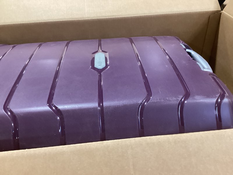 Condition photo showing As Is for samsonite freeform large checked luggage with dual 360° spinner wheels - tsa lock, airline-approved - lightweight durable polypropylene expandable hardshell - amethyst purple checked-large spinner amethyst purple