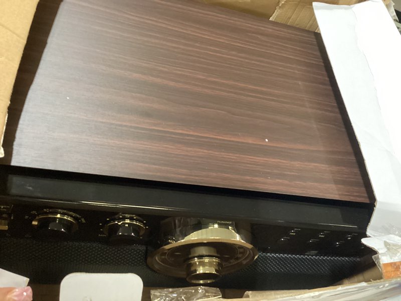 Condition photo showing As Is for victrola the empire mid-century 6-in-1 turntable & multimedia center with built-in speakers – 3 speed, bluetooth connectivity, radio, cassette & cd player, rca out, headphone jack (espresso)