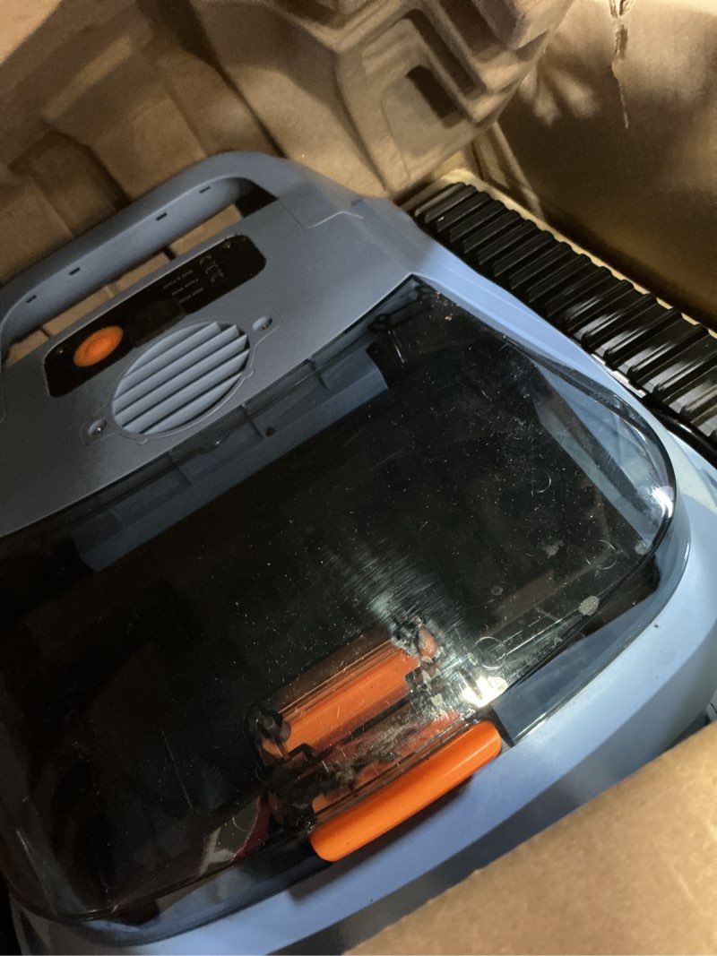 Condition photo showing As Is for [2026 release] automatic robotic pool vacuum for inground & above ground pools, wall climbing pool vacuum cleaner, cleans floor, walls, waterline, drain & skimmer up to 2150 sq. ft., 190 min cerulean blue