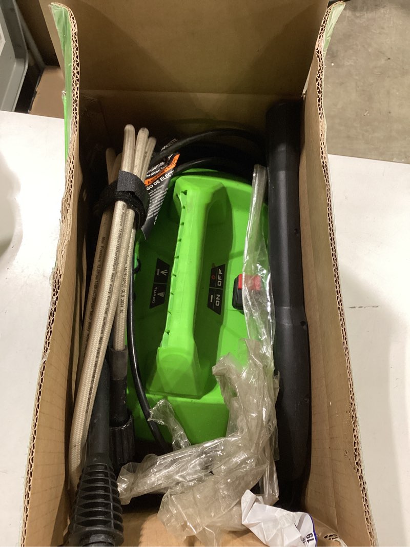 Condition photo showing As Is for greenworks 1800 psi 1.2-gpm cold water electric pressure washer with 2 spray tips