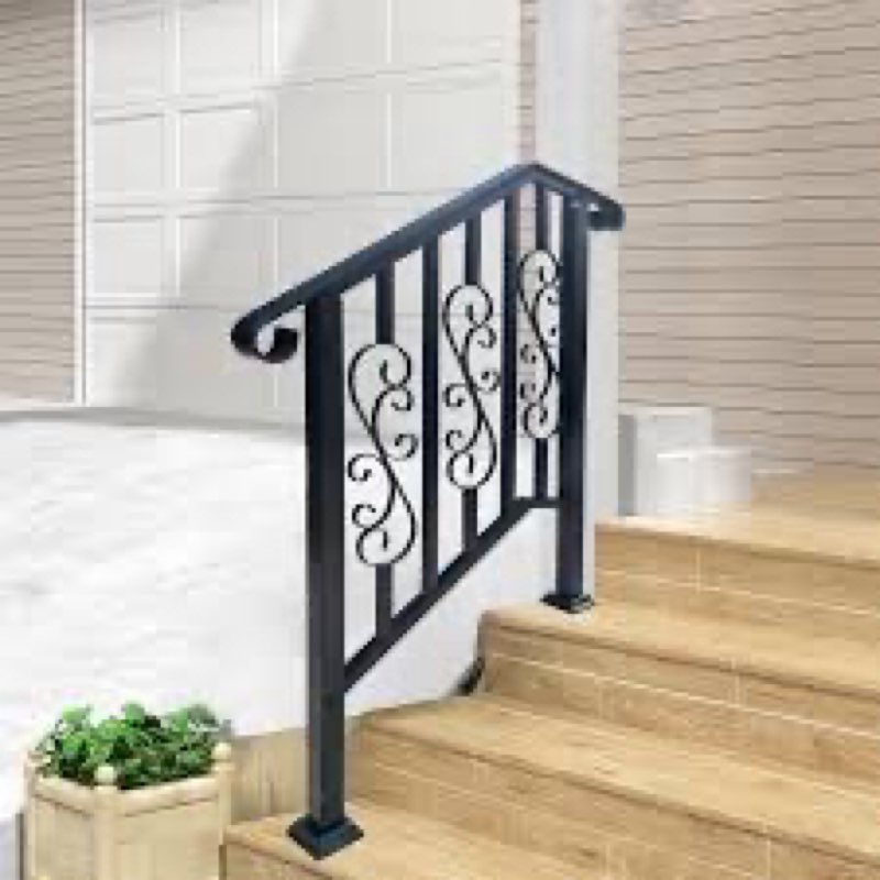 3-Step Outdoor Stair Railing: Black Wrought Iron Handrail for 2 to 3 Steps - Porch Stairs Hand Rail 