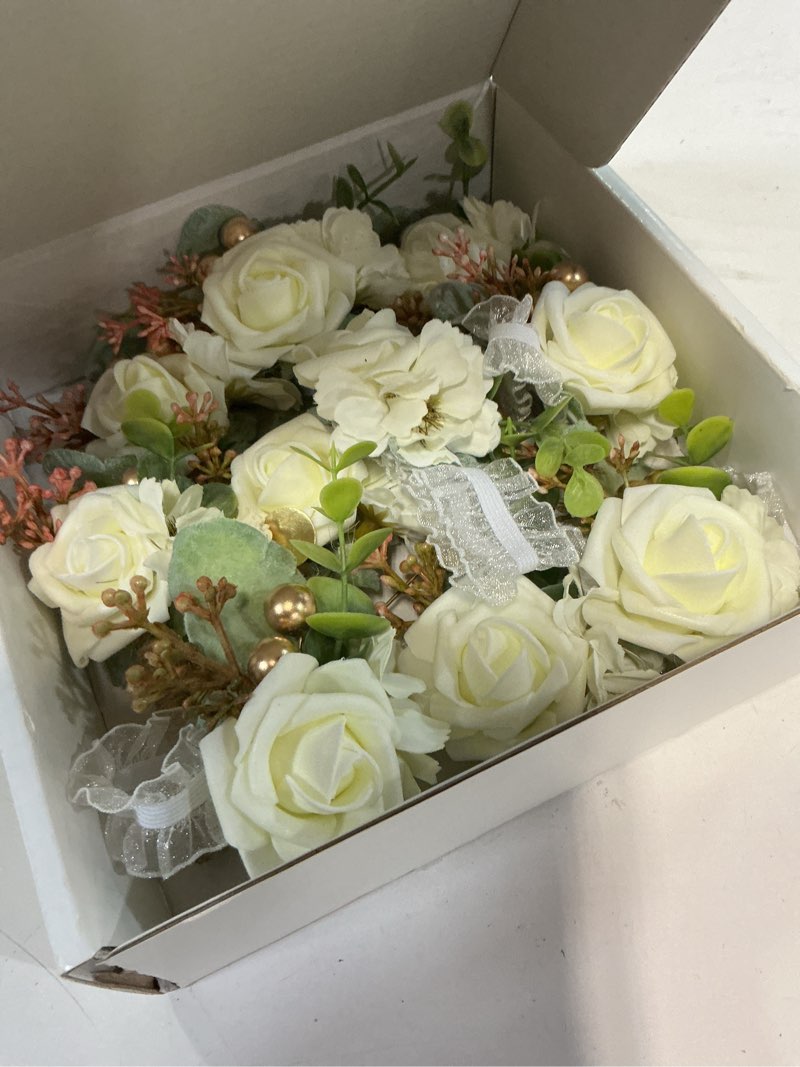 Condition photo showing New/Like New for 12 pcs wedding wrist corsage and boutonniere set rose wrist corsage for prom boutonniere for men wedding flowers accessories prom suit decorations for wedding ceremony anniversary (creamy white)