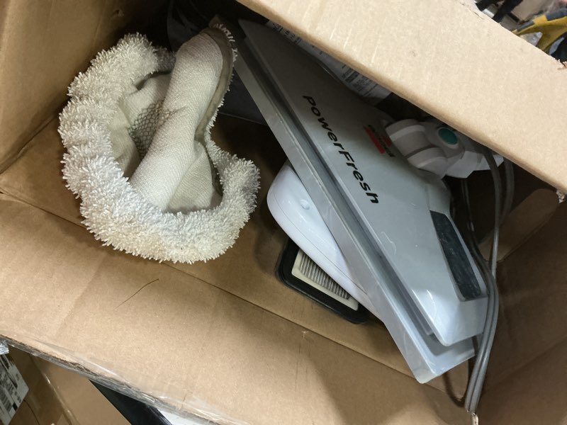 Condition photo showing As Is for bissell power fresh steam mop with natural sanitization, floor steamer, tile cleaner, and hard wood floor cleaner with flip-down easy scrubber, 1940a powerfresh steam mop