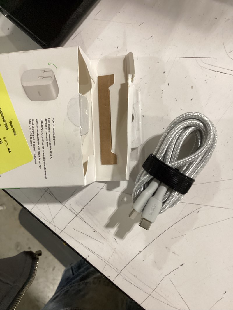 Condition photo showing As Is for belkin 40w dual port usb-c wall charger usb type c cable included charging for iphone 15 15 plus 15 pro 15 pro max 14 14 pro iphone 13 series galaxy s23 ultra ipad airpods