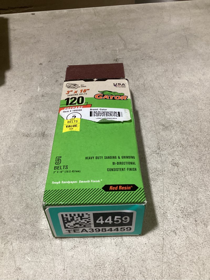 Condition photo showing New/Like New for gator 3" x 18" red resin aluminum oxide sanding belts, 120 grit, 5 pack