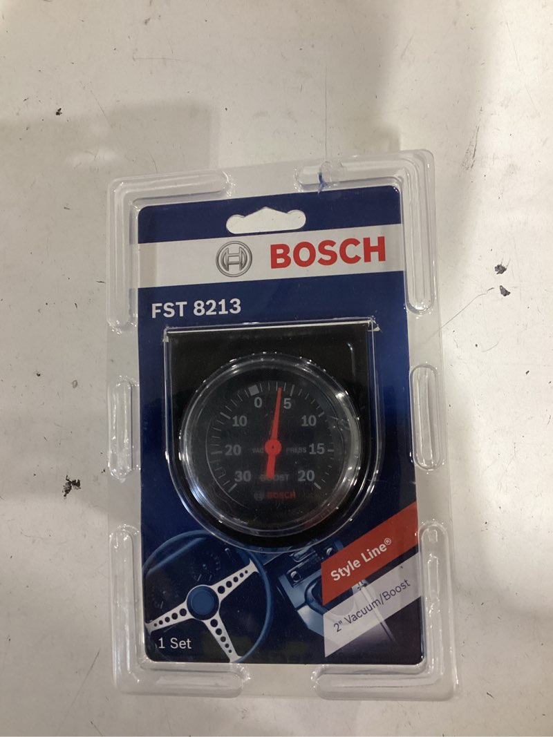 Condition photo showing New/Like New for bosch sp0f000050 style line 2" mechanical vacuum/boost gauge (black dial face, black bezel)
