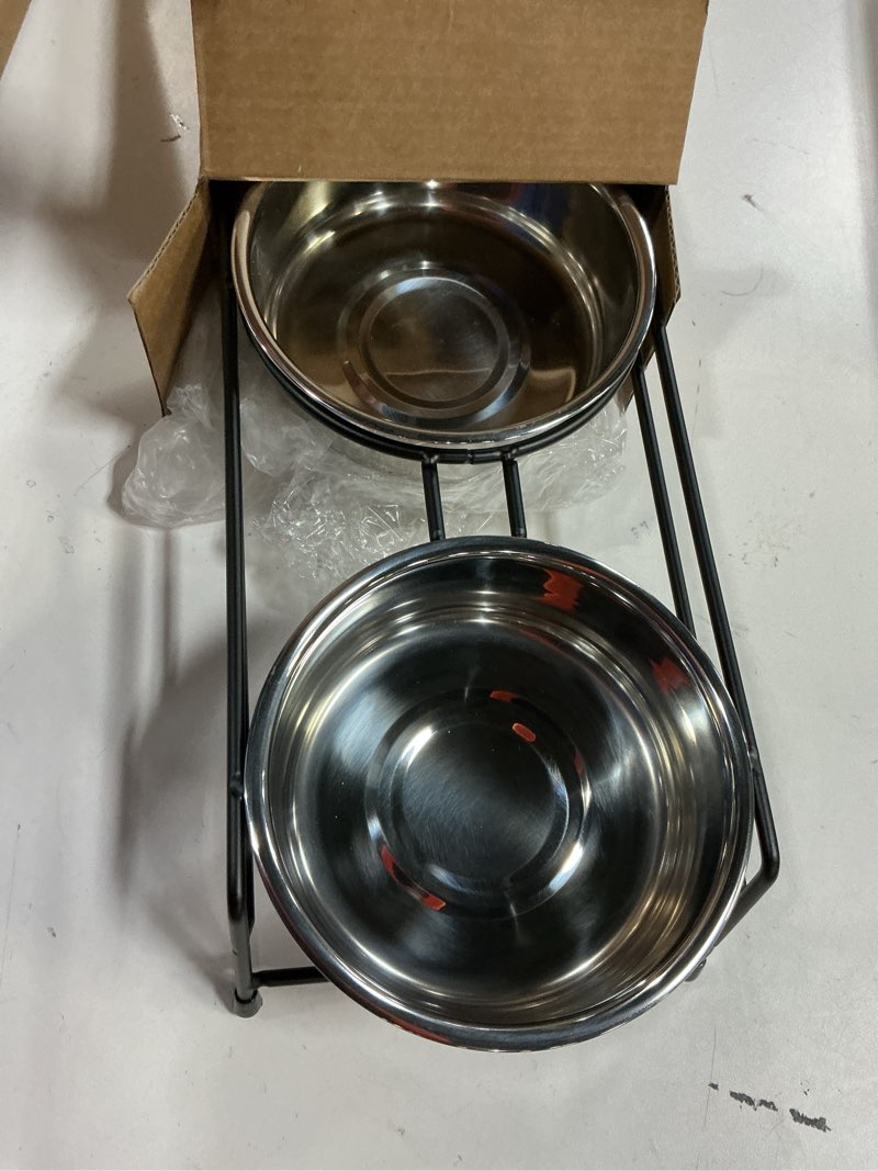 Condition photo showing Good Condition for Raised Cat Bowls Dog Cat Feeder Holders 3 Stainless Steel Elevated Dog Water Food Bowls for Cats Puppies Rabbits Silver