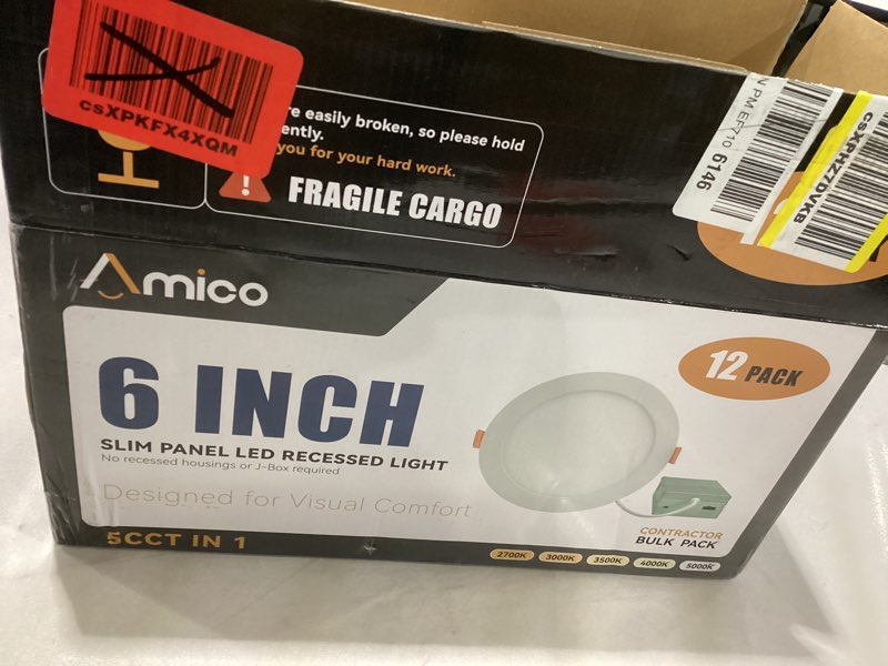 Condition photo showing New/Like New for Amico 12 Pack 6 Inch 5CCT Ultra-Thin LED Recessed Ceiling Light with Junction Box, 1050LM Brightness, Dimmable Canless Wafer Downlight, 12W, ETL&FCC White 6 Inch