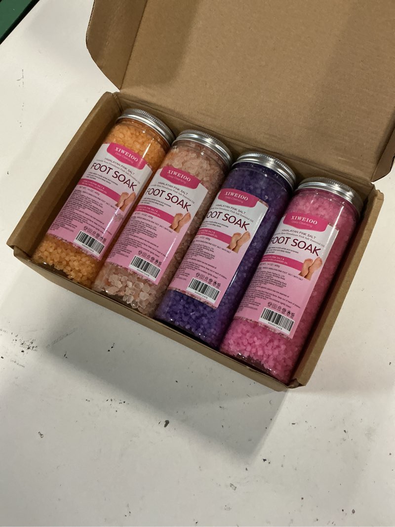 Condition photo showing New/Like New for foot soak salts 4 pack kit 56 oz himalayan pink salt lavender orange rose scent athletes itching,tea tree oil foot care pedicure for women dead sea salt moisturizing skin softens calluses