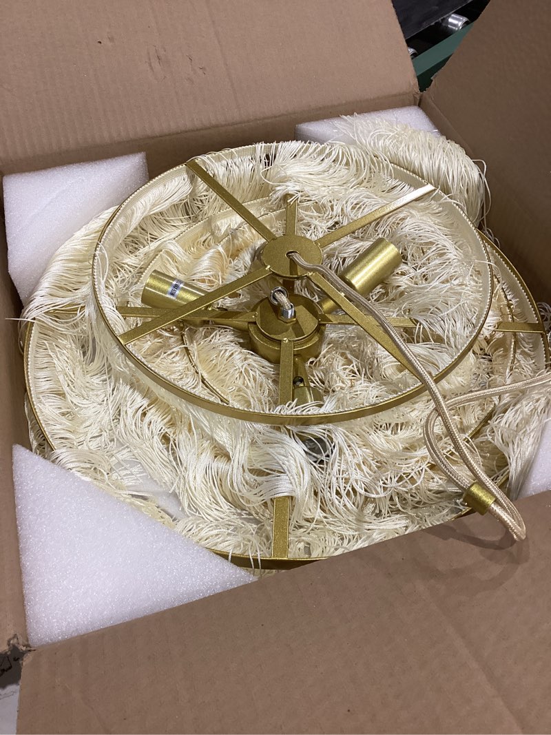 Condition photo showing Good Condition for 5-tiered boho chandelier with metal and fringe,3 lights fringe pendant light fixture,tassle chandelier for entryway,dining room,baby nursery,gold and light beige light yellow-pendant