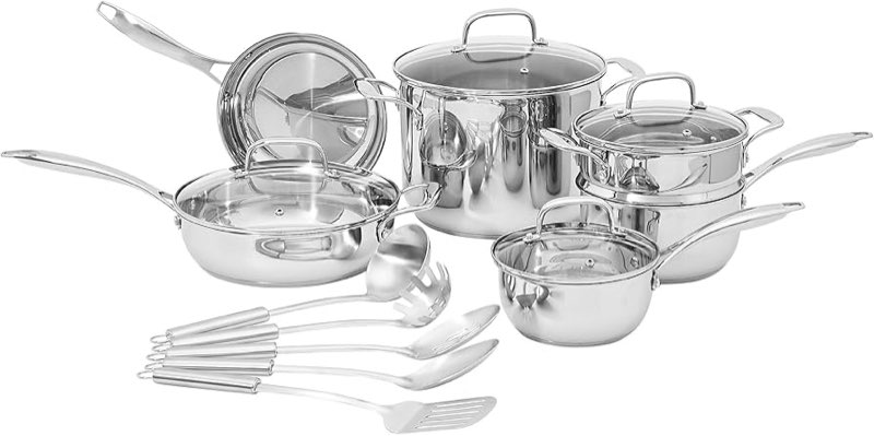 amazon basics stainless steel cookware 14-piece set, oven safe, induction-ready, even heating, easy 