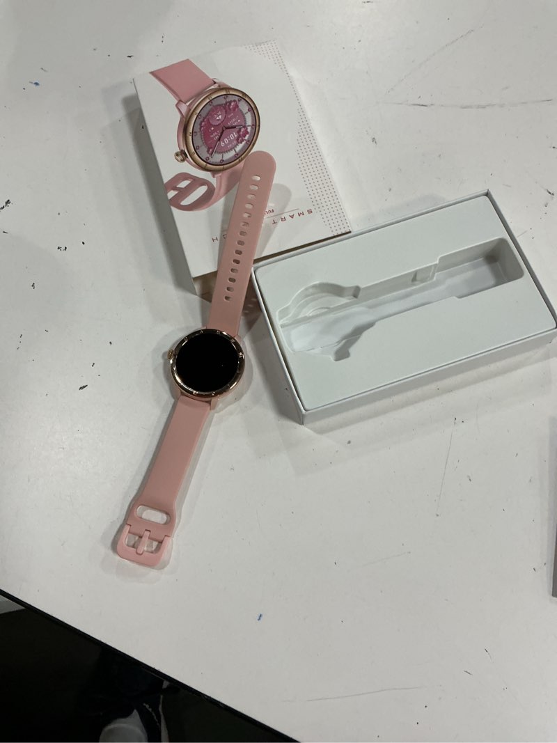 Condition photo showing As Is for smart watch for women, 1.27\" hd fitness tracker (answer/make calls) with 110+ sport modes/heart rate/sleep monitor, ip68 waterproof fitness watch for iphone android, best gifts for girl yrs 15-25 pink (missing charging cable)