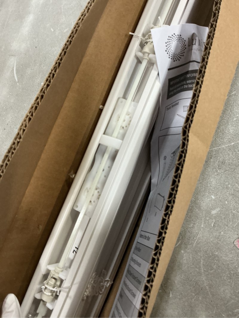 Condition photo showing As Is for room darkening cordless mini blind - 27" w x 64" l - white, over 1,400 custom sizes starting at 9.97, durable 1" vinyl slats, smooth lift operation, horizontal window shades by lumino