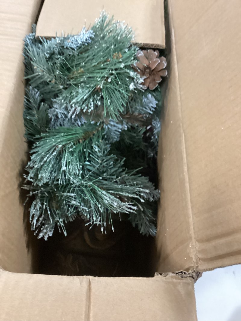 Condition photo showing As Is for 4FT Pre-lit Artificial Christmas Tree for Entrances and Christmas, Small Flocked Christmas Tree with Flowerpot Base and Pinecone?Battery Operated Flocked Green 4ft