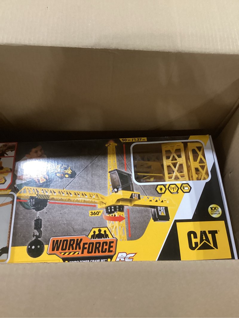 Condition photo showing Good Condition for Cat Construction Workforce Jumbo Tower Crane Set, 50-Inch RC Crane Toy with 360-Degree Rotation, Hook and Wrecking Ball, Light, Skid Steer and 4" Figure, USB Rechargeable, Ages 5+ Workforce Jumbo Crane