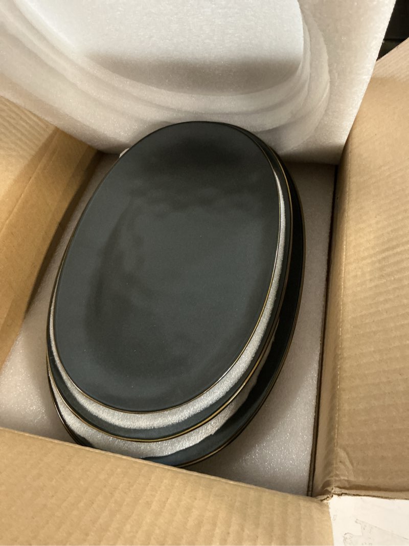 Condition photo showing Good Condition for famiware serving platter, oval 15.59/14.3/12.9inch serving dishes for entertaining, serving bowls, dishwasher safe, stoneware serving trays for party, food, turkey, reactive glaze, matte dark charcoal