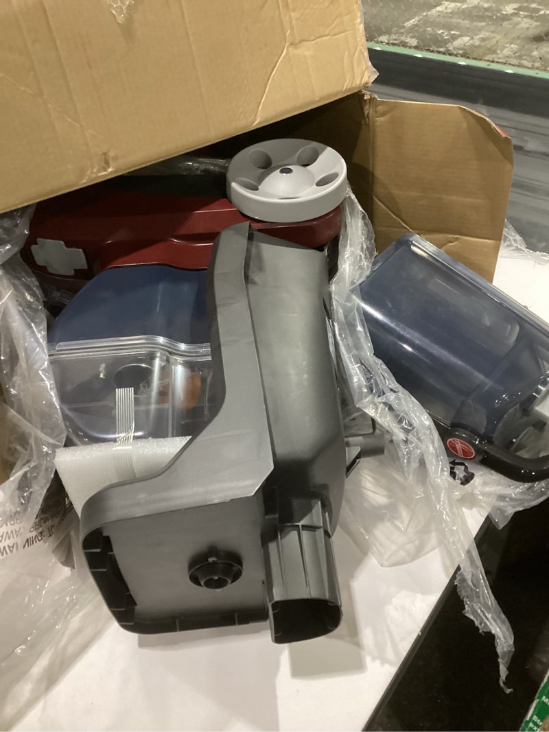 Condition photo showing As Is for hoover powerscrub deluxe carpet cleaner machine for carpet and upholstery, deep cleaning carpet shampooer machine with multi-purpose tools, pair carpet cleaner solution, not tested, missing part