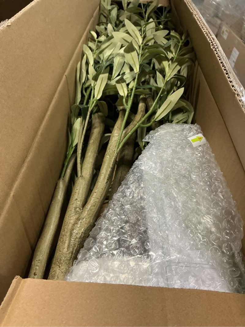 Condition photo showing As Is for 6FT Artificial Olive Tree - Indoor Tall Faux Olive Trees with Planter&Basket, Large Fake Olive Silk Tree Realistic Olive Plants with Branches and Fruits for Home Decor Office Living Room 6FT Olive Tree with Planter&Basket