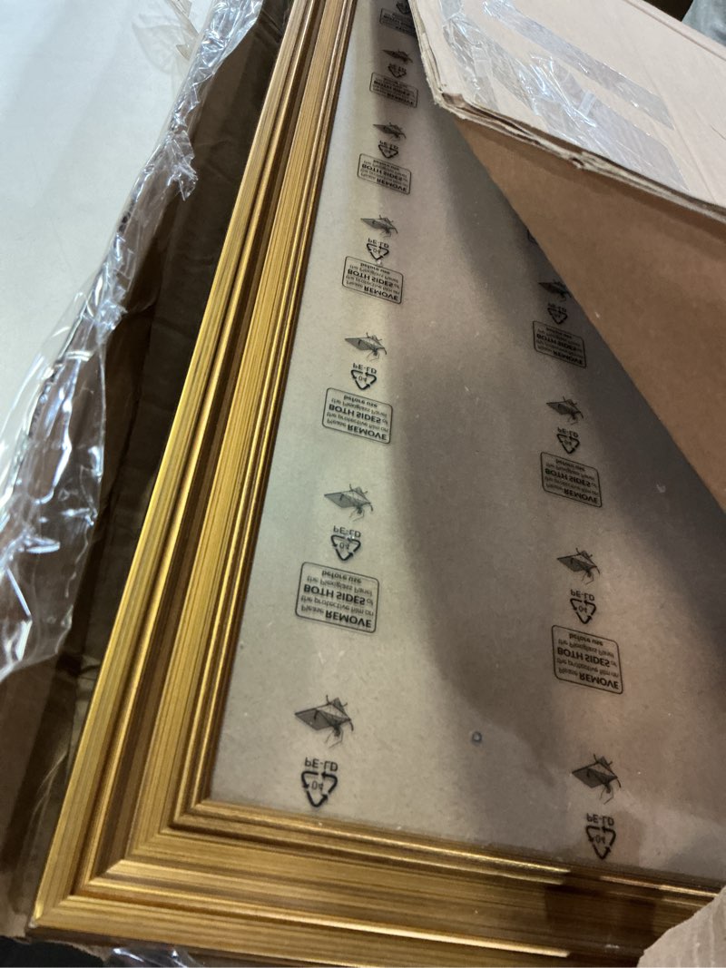 Condition photo showing As Is for DIY Solid Wood Frame for 20x24 Canvas Painting, 2.4" Wide Gold Ornate, Vertical or Horizontal Display for Home Office Wall Decor (Empty, No Plexiglass & Backing Board) 20x24" Gold