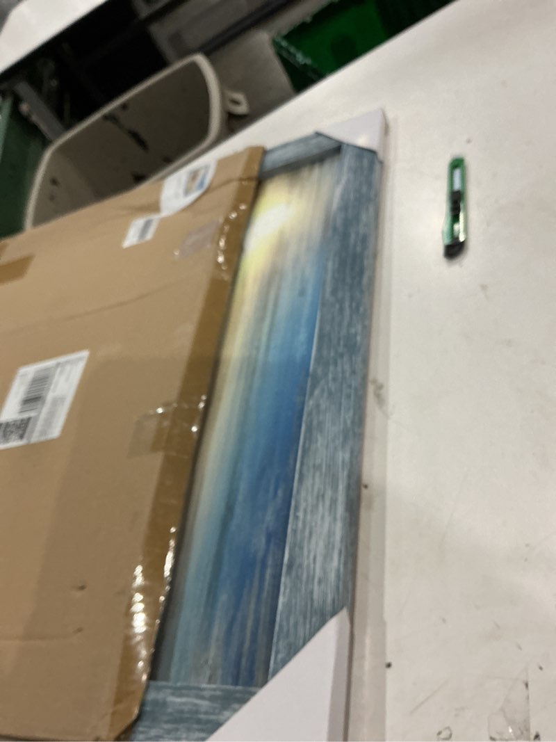 Condition photo showing New/Like New for framed beach road wall art: modern coastal sea level painting wood decor rustic blue ocean artwork calming seascape nature picture contemporary sandy seaside prints for bedroom bathroom living room 24"l x 16"w beige