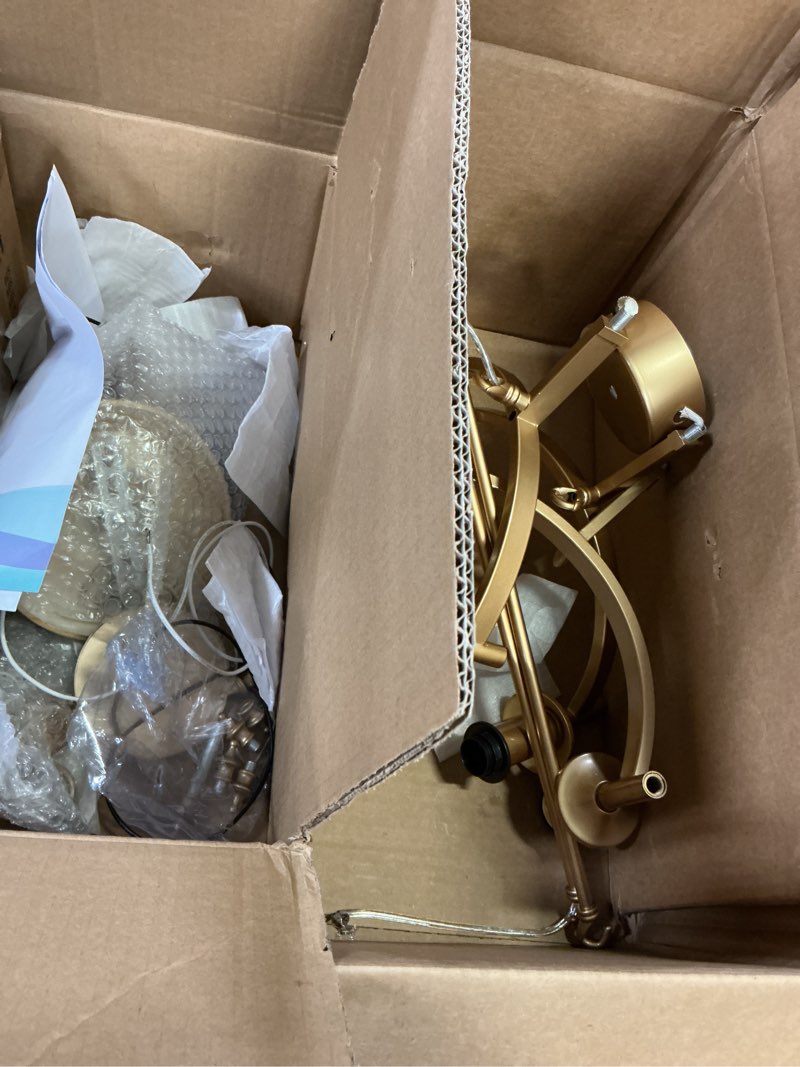 Condition photo showing As Is for gold wagon wheel chandelier with white linen shade 6-light industrial ceiling light fixture 26.8inch large farmhouse hanging pendant light for dining living room kitchen bedroom entryway foyer 6 light-round