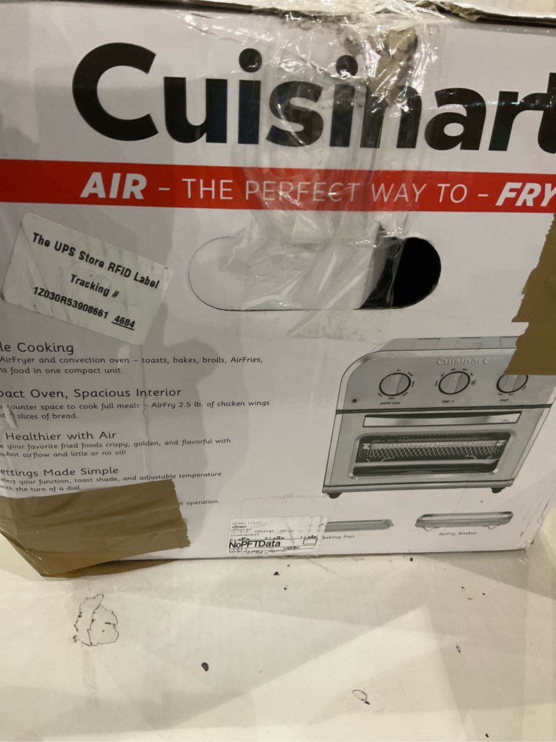 Condition photo showing New/Like New for Cuisinart Compact Air Fryer Toaster Oven, Stainless Steel Fryer with 6-in-1 Functions, Adjustable Temperature, Includes Oven Rack, Baking Pan and Air Fry Basket, TOA-26 Compact Air Fryer Oven Stainless Steel