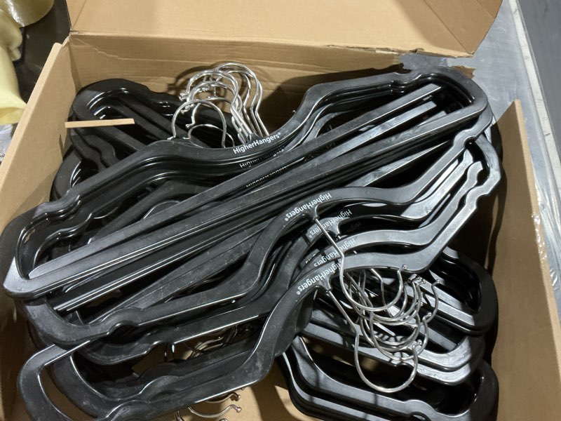 Condition photo showing Good Condition for higher hangers slim black (non-velvet) short neck vertical-space-saving clothes hangers, 40-pack, reduce wrinkles & max closet space in home, apartment, dorm, rv, boat, yacht