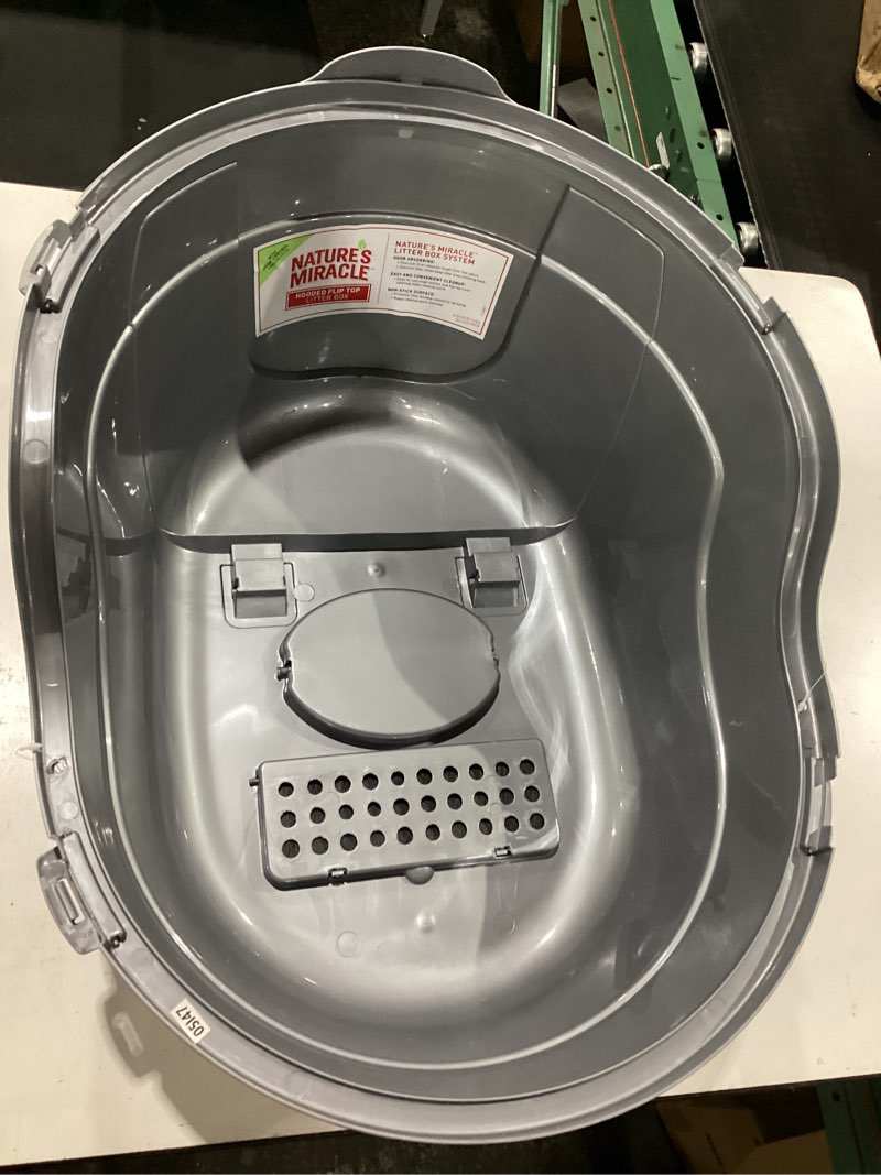 Condition photo showing New/Like New for nature’s miracle hooded flip top litter box for cats, with built-in odor control charcoal filter silver/grey