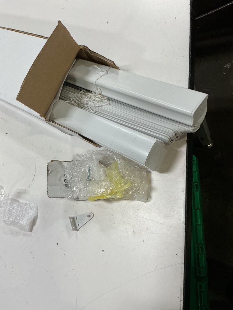 Condition photo showing As Is for project source light filtering 1-in slat width 59-in x 64-in cordless white vinyl light filtering mini-blinds