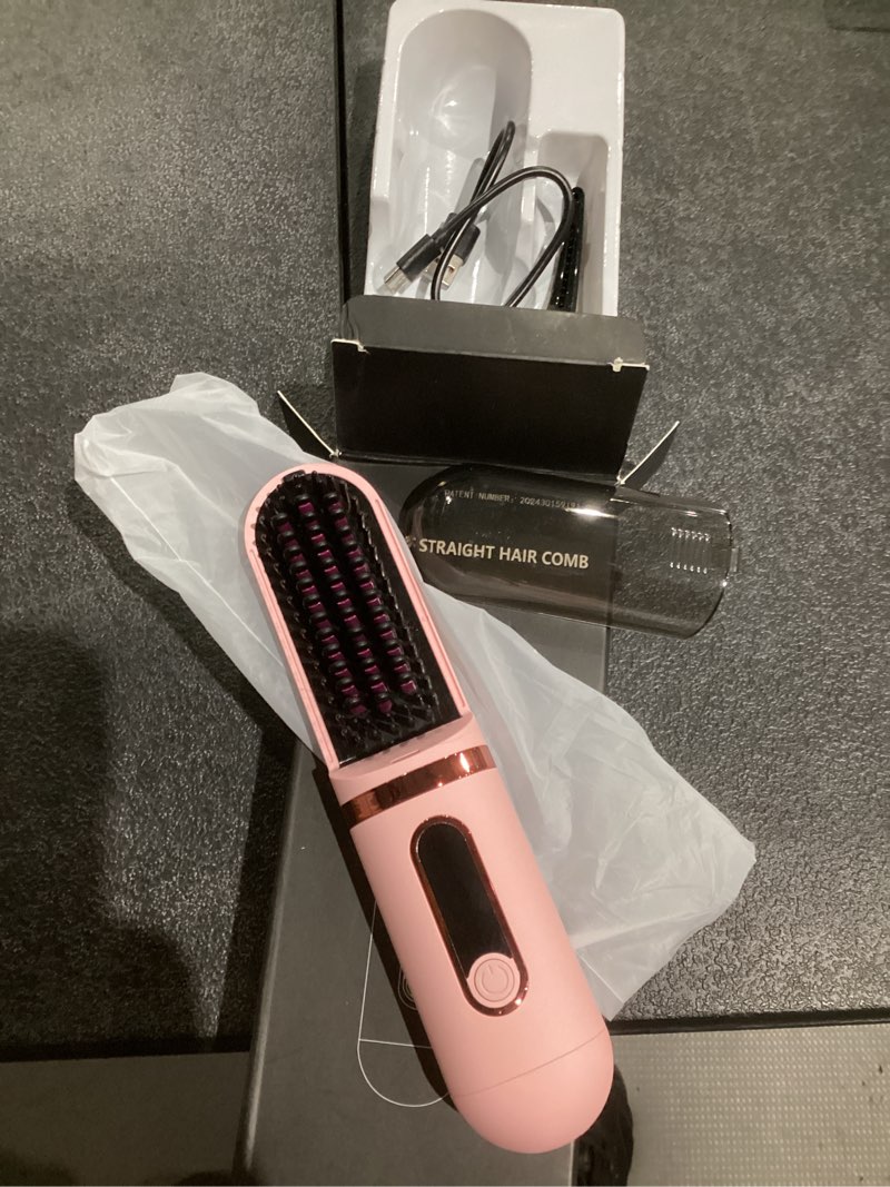 Condition photo showing As Is for cordless hair straightener brush, portable straightening brush for women, mini negative ion hot comb for travel, 30mins auto-off, usb rechargeable, fast heating 4 temperature settings(pink)