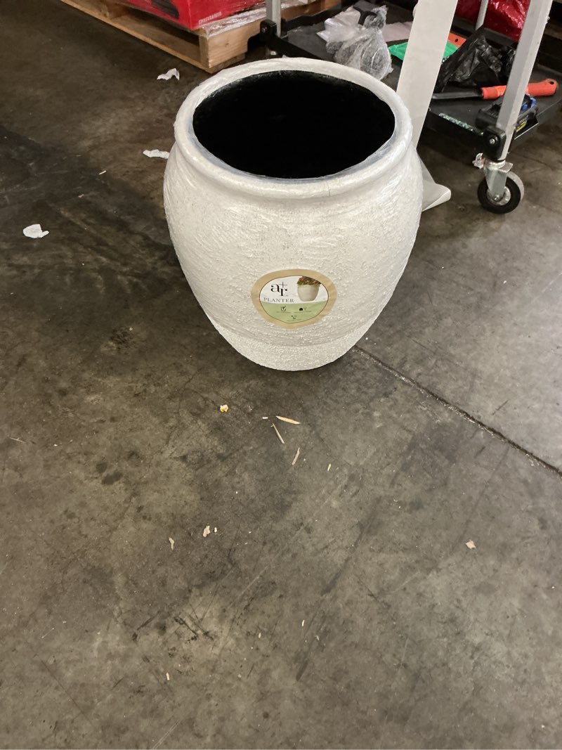 Condition photo showing As Is for allen + roth round 16.25-in w x 16.25-in l white stone outdoor self watering planter