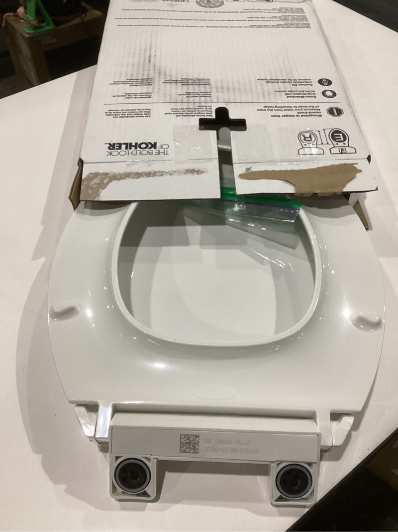 Condition photo showing As Is for kohler 4636-rl-0 cachet readylatch elongated toilet seat slow close, soft close toilet seat quiet lid, contoured grip-tight bumpers installation hardware, apartment essentials, white white elongated ready latch