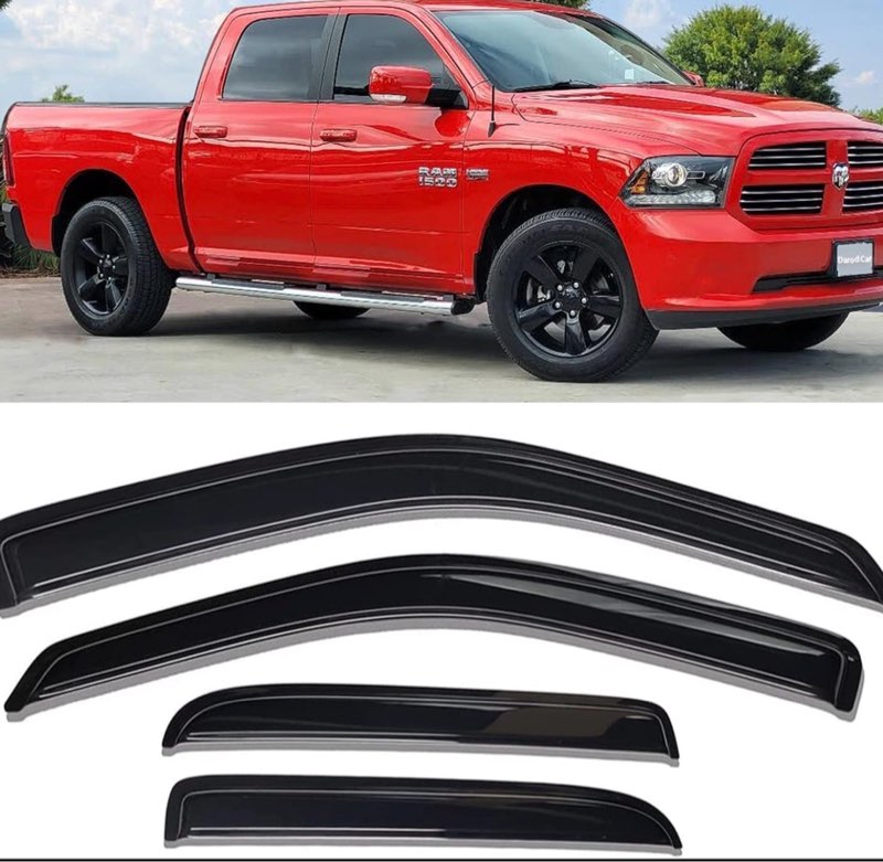 Tape-on Side Car Window Visor Rain Guards Vent Deflectors for 2009-2018 Dodge RAM 1500 2500 3500 Crew Cab Truck Accessories, 4pcs