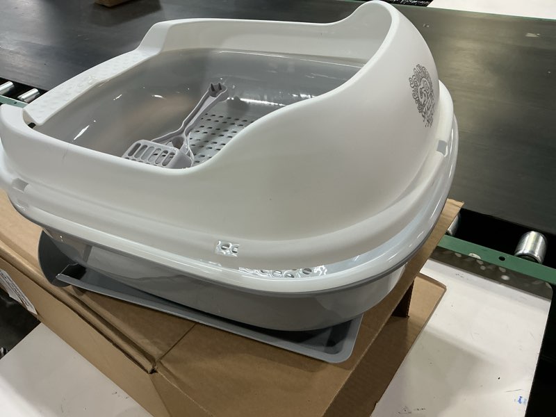 Condition photo showing As Is for small pet select - sifting cat litter box, with 5 pee pads and litter scoop, premium system for cats and other small animals, tidy and easy to clean with drawer, scoop, and removable tray sifting litter box gray