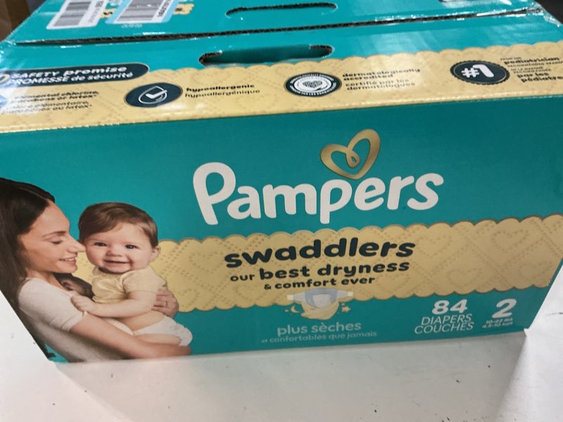 Condition photo showing New/Like New for pampers swaddlers diapers, size 2 (10-22 lbs), 84 count, absorbent, keeps baby dry and comfortable, skin safe disposable baby diaper (packaging may vary) size 2 84