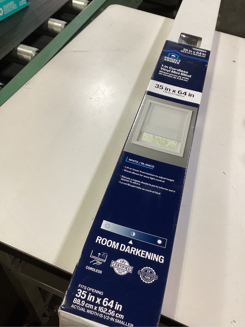 Condition photo showing New/Like New for Project Source Room Darkening Cordless White Mini Blind 35”x64”