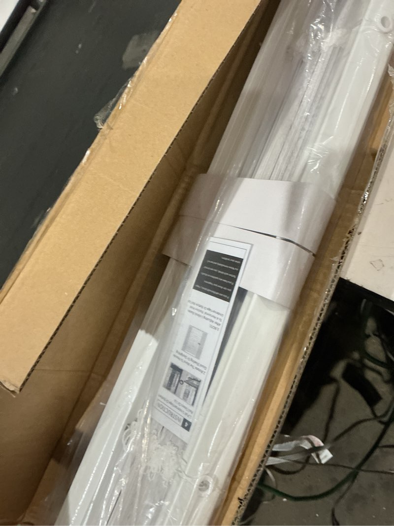 Condition photo showing As Is for cordless vinyl mini l blinds 37" w x 72" h, 1" slat white horizontal windows l blind for door, shades, camper, light filtering, interiors, arrive 1/2 inch narrower indoor
