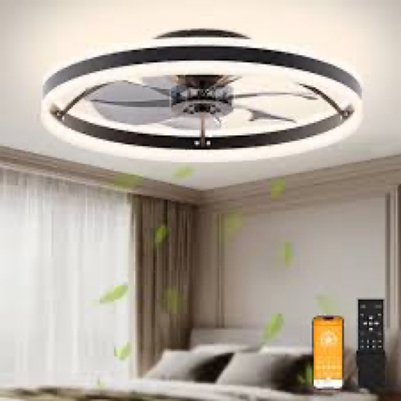 VOLISUN Low Profile Ceiling Fans with Light and Remote,23.6in Fandelier Ceiling Fan with Lights, 3000K-6500K Dimmable Flush Mount LED Fan Light, Black Bladeless Ceiling Fans with Lights for Bedroom Black 23.6 INCH