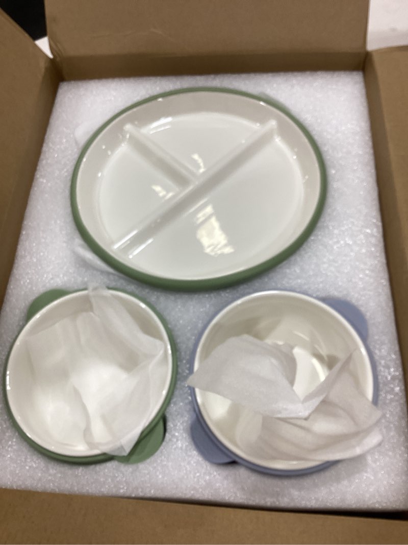 Condition photo showing Good Condition for Domensi 4 Pcs Porcelain Kids Plates and Bowls Sets with Suction, 2 Ceramic Toddler Divided Plates 2 Baby Anti Slip Silicone Sleeve Bowls for Feeding Supplies Microwave Dishwasher Safe(Blue,Green)