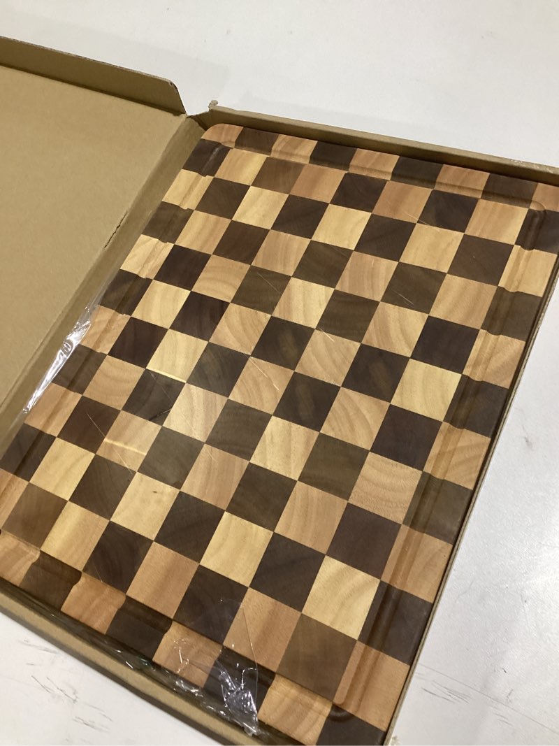 Condition photo showing item condition for End Grain Cutting Boards for Kitchen, Wooden Cutting board, Acacia Wood Chopping Board with Juice Groove & Handle, Butcher Block for Meat, Bread & Fruit, 14"L x 11"W x 0.8"Th Acaia Wood & Rubber Wood 14"L x 11"W