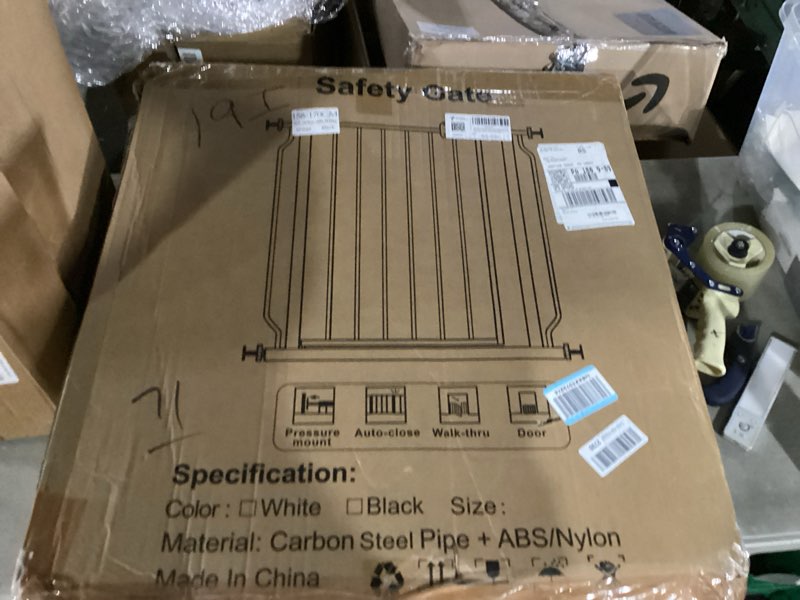 Condition photo showing New/Like New for fairy baby extra wide baby gate black 62-67 inch wide, walk through pressure mounted no drill for doorways, long and large tension gate for pet and kids gate: 62-67 inch