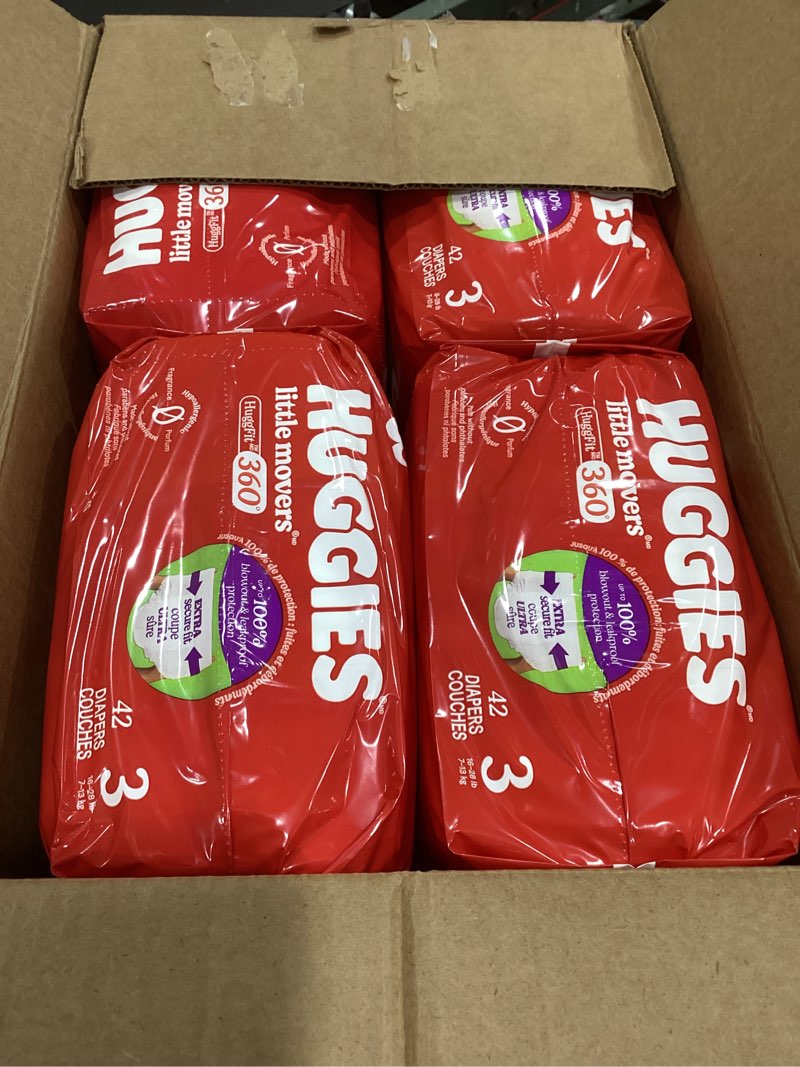 Condition photo showing New/Like New for Huggies Size 3 Baby Diapers, Little Movers HuggFit 360° Baby Diapers with 360° Waistband, Size 3 (16-28 lbs), 168 Count (3 Packs of 56), Packaging May Vary Size 3 168