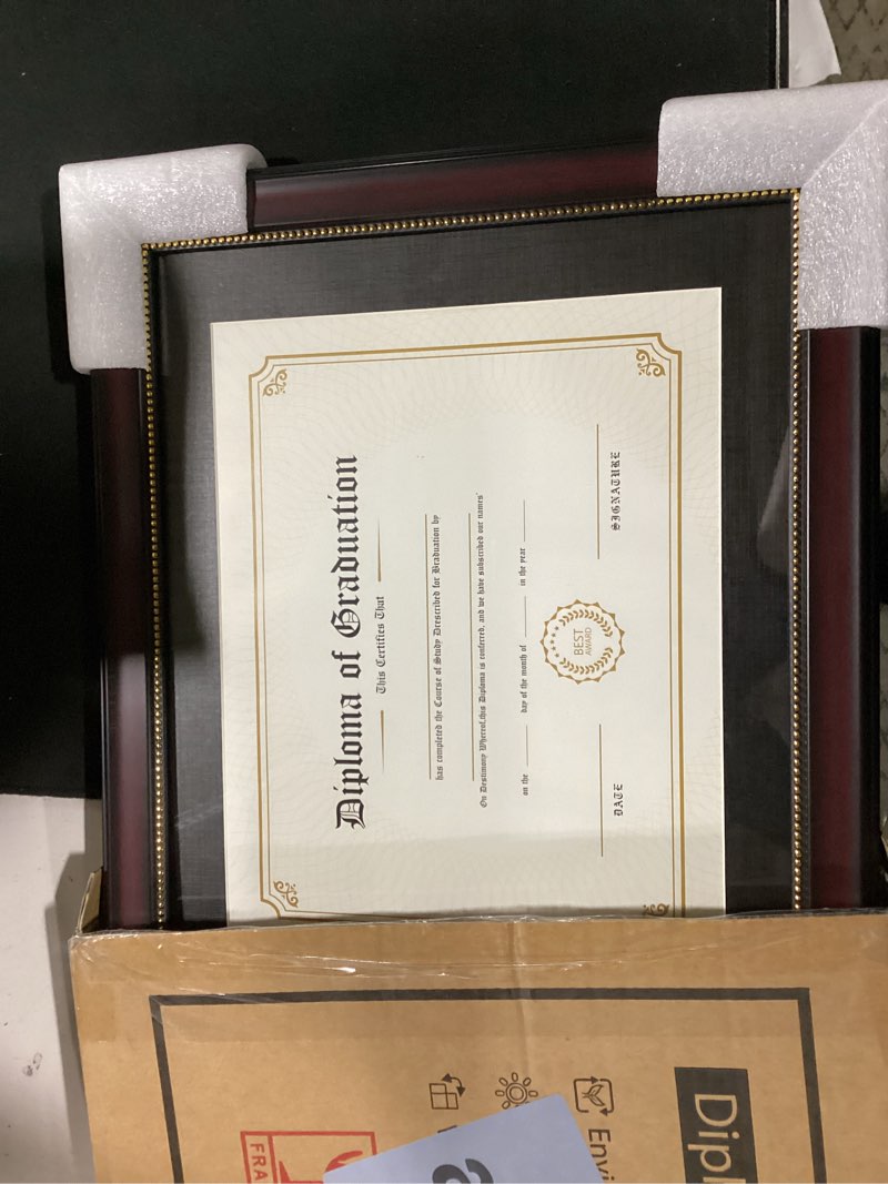 Condition photo showing New/Like New for graduationmall 8.5x11 diploma frame with black over gold mat or display 11x14 document without mat, uv protection acrylic, mahogany with gold beads mahogany with gold beading 11x14 or 8.5x11 with mat